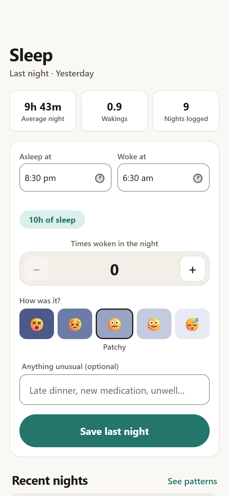 Logging last night: asleep at, woke at, wakings, and how it went